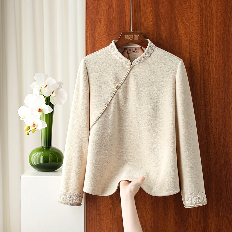 简百图-VV【玉兰】秋冬新中式立领蕾丝珠片打底上衣保暖内搭毛衣