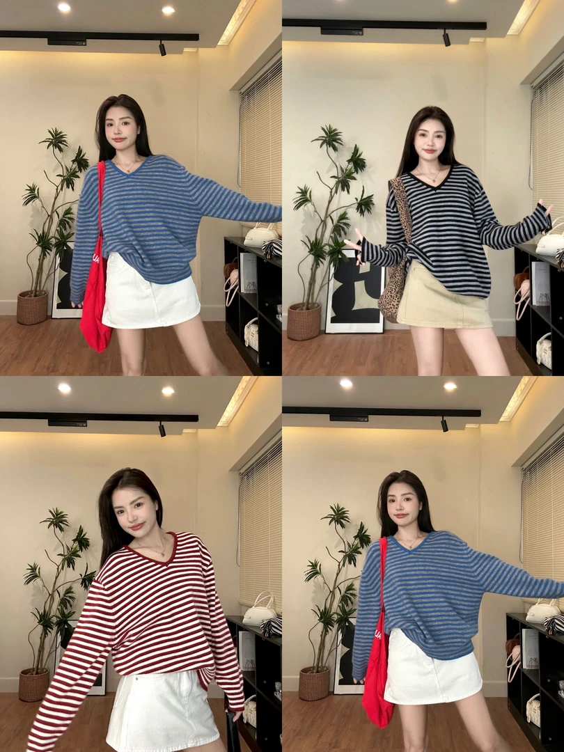 SUAN 春季长袖时尚休闲宽松条纹显瘦百搭慵懒风套头毛衣 TT8212#