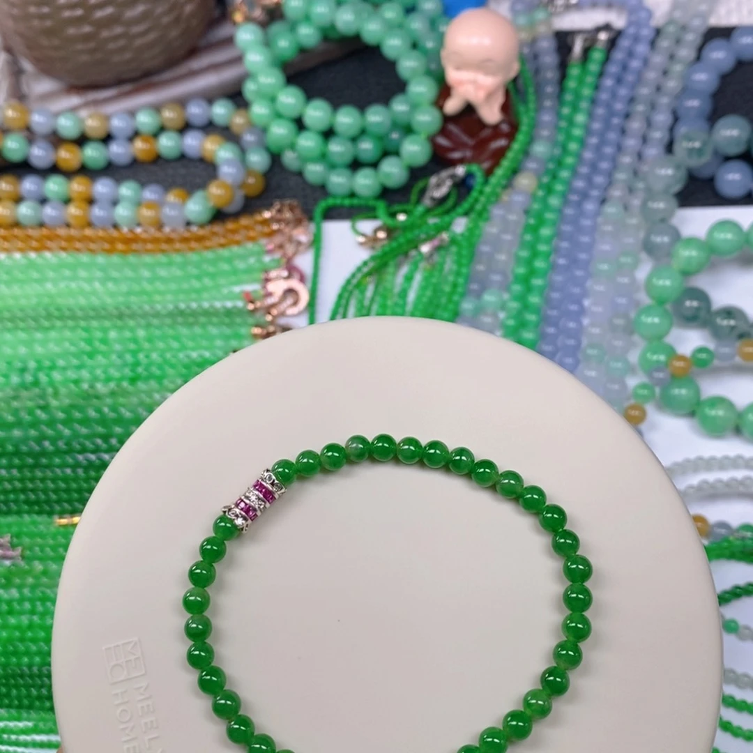 颈饰未镶嵌翡翠缅甸天然翡翠冰种浓阳绿手链4.8