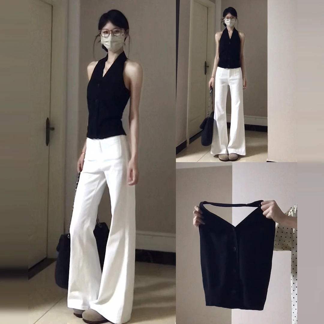 2025新款法式辣妹高级感黑色吊带挂脖背心女装夏季露背度假风上衣