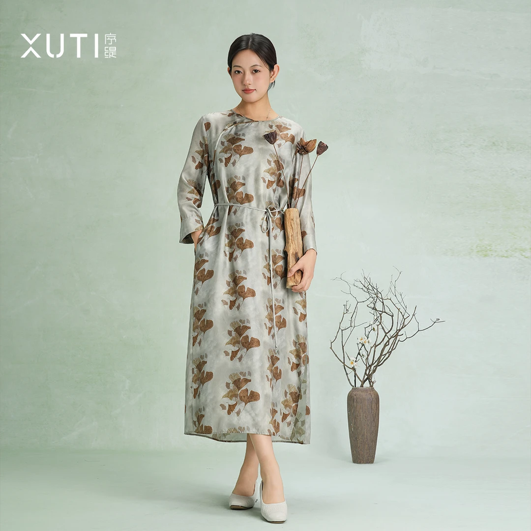 序缇『金风玉露』新春夏新款新中式女装斜纹绸桑蚕丝连衣裙H80-1393