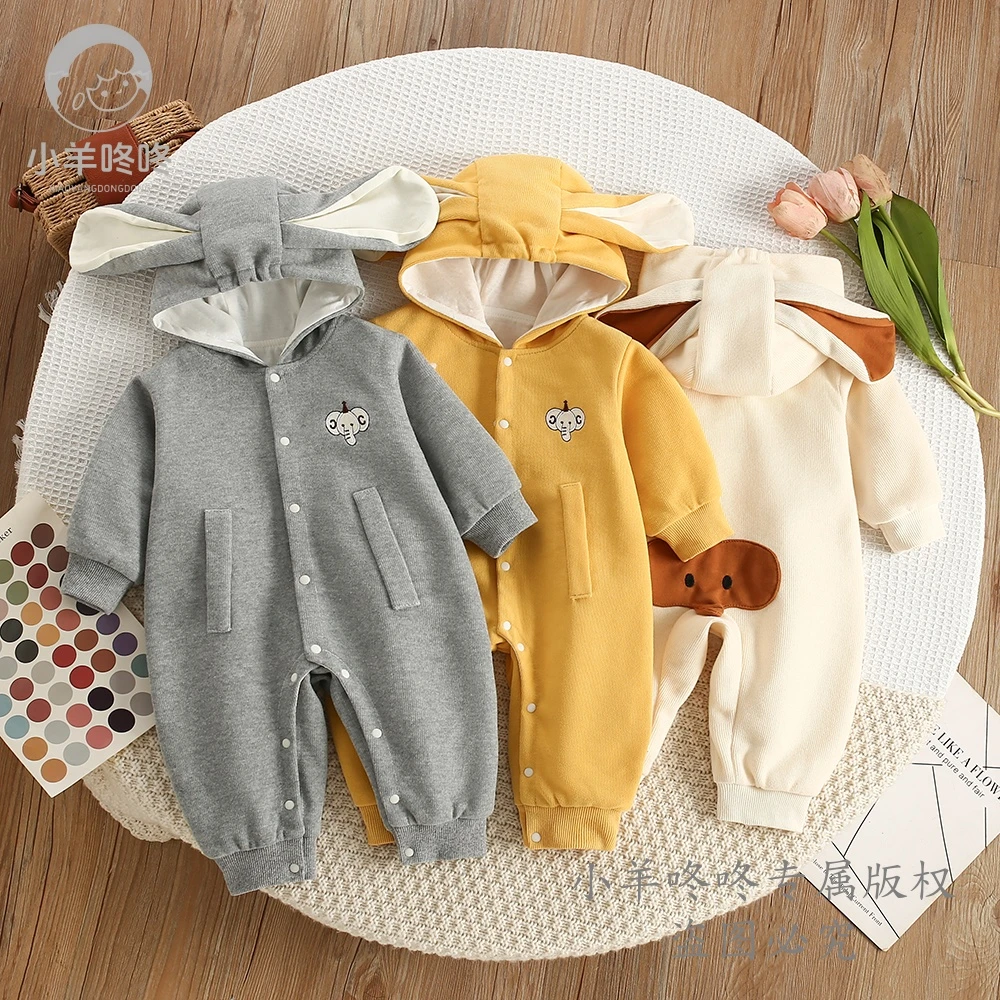 春秋新款垂耳乐悠象连体哈衣动物造型双层可爱洋气连帽婴幼儿童装