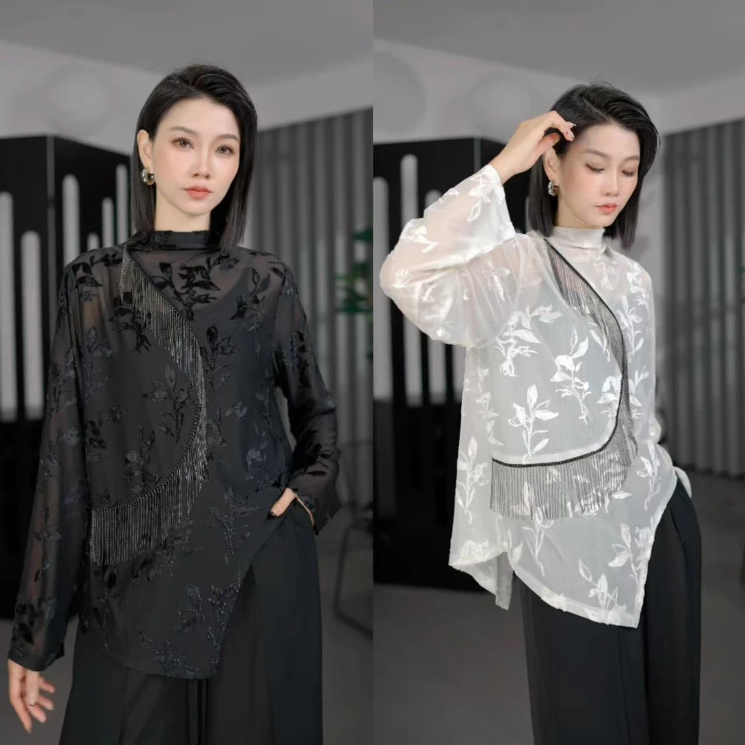 鑫鑫原创2025秋季新款欧货宽松设计拼接流苏长袖打底T恤时尚百搭