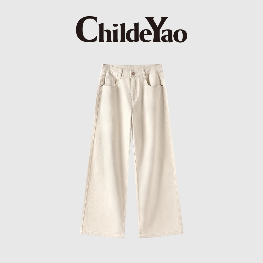CHILDEYAO气质休闲直筒裤女新款棉高腰显瘦阔腿牛仔裤CYC58358