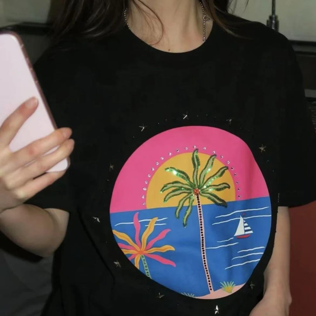 椰树烫钻2025SS花体标语印花轻奢时尚高级感短袖T恤男女同款