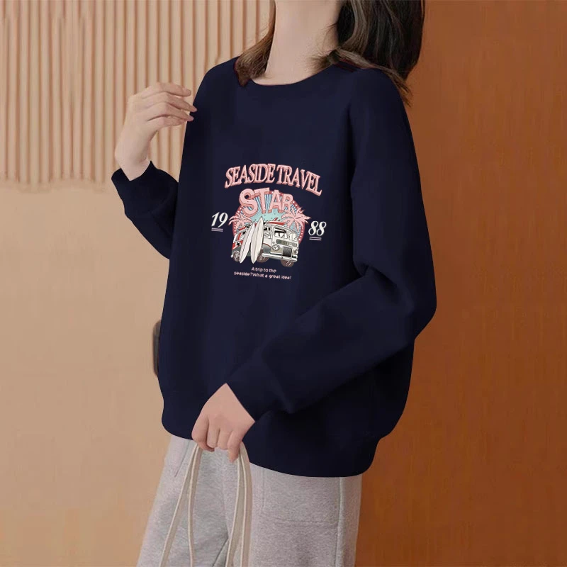 宝蓝色圆领套头宽松印花卫衣女秋冬加厚休闲设计感薄款上衣外套潮