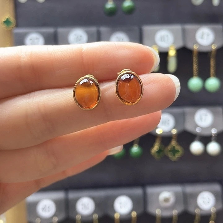 银S925镀金镶嵌血珀耳饰