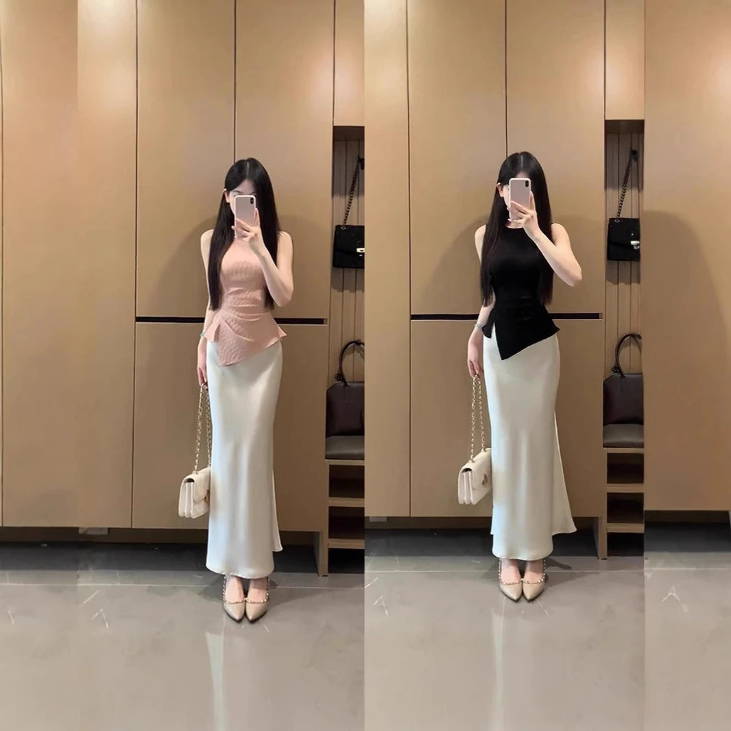 2025夏季新款女法式高级感圆领不规则无袖上衣高腰显瘦包臀半身裙