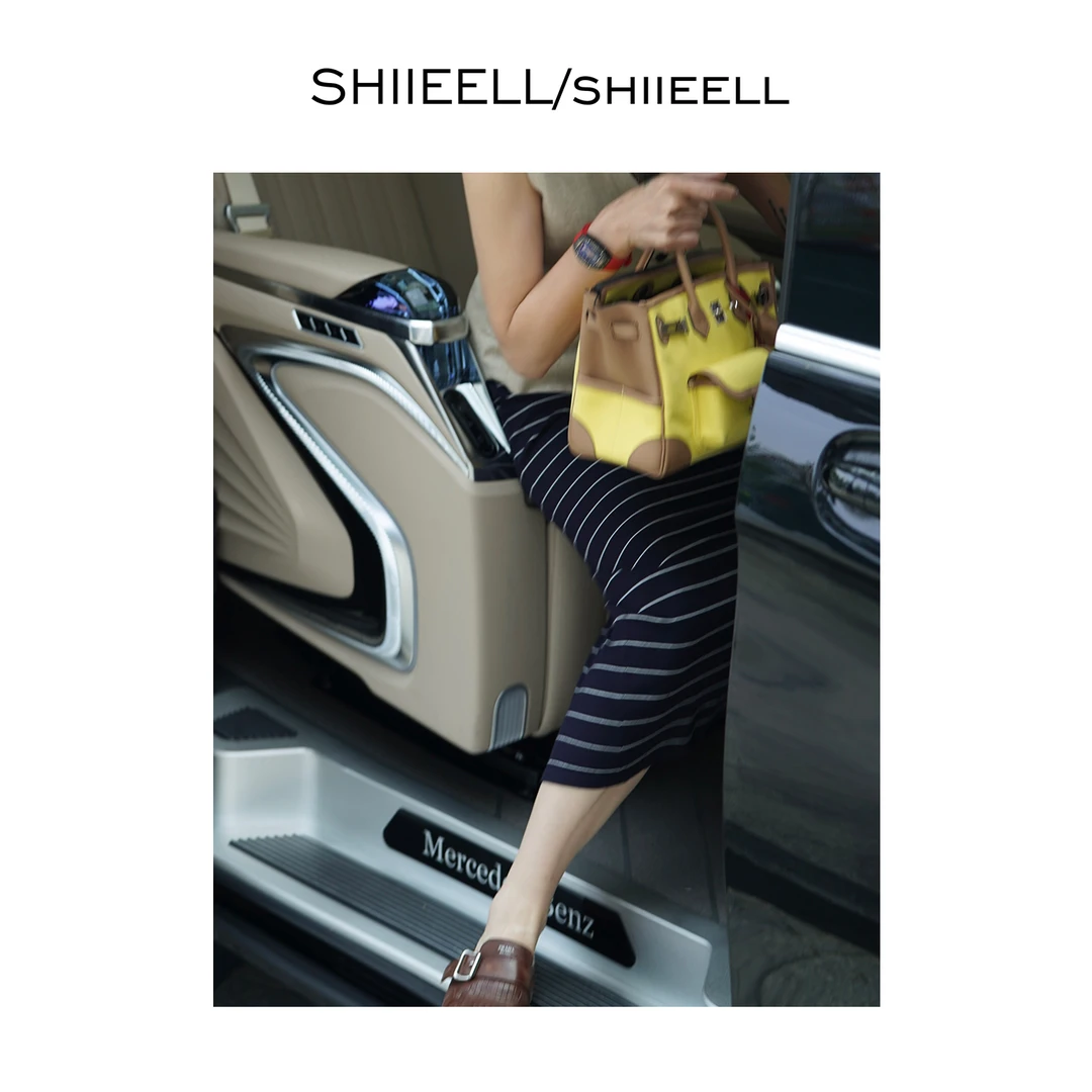 SHIIEELL老钱航海风撞色条纹后开叉直筒半身裙W5037