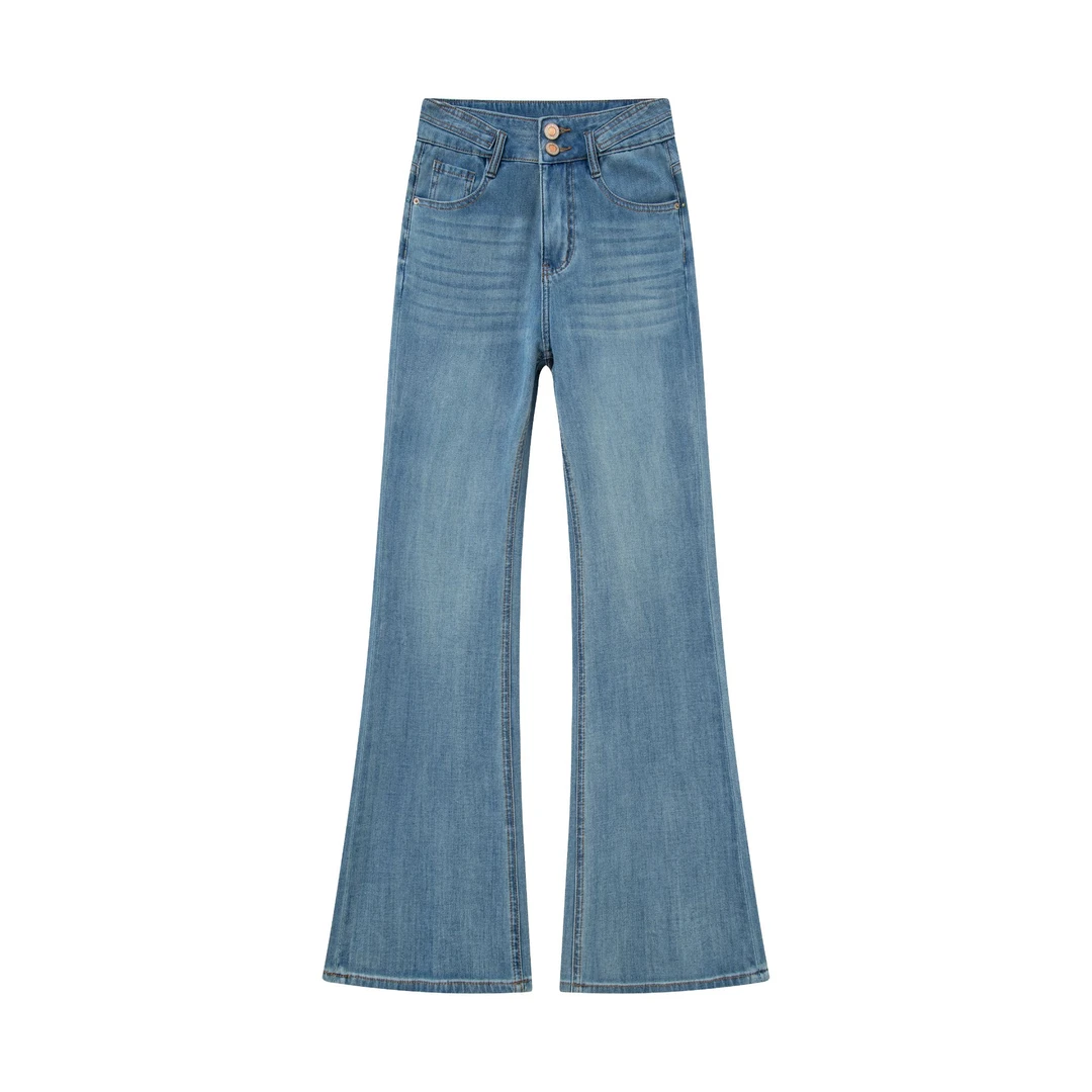 LAI柏林蓝-四面弹夏季高腰直筒微喇牛仔裤完美弹女显瘦双排扣百搭