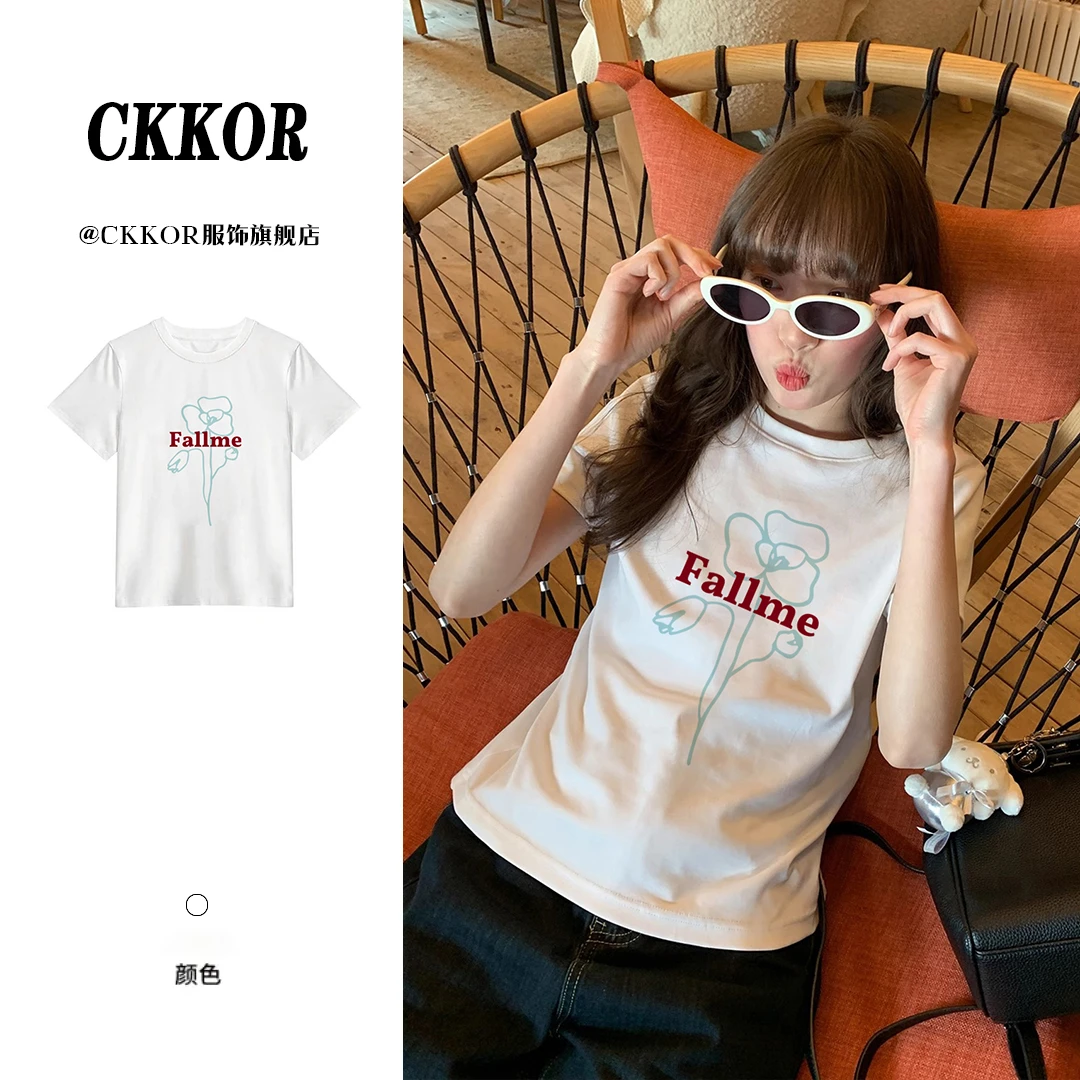 CKKOR夏季韩版欧若风正肩圆领短袖女t恤新款玫瑰印花时尚百搭上衣
