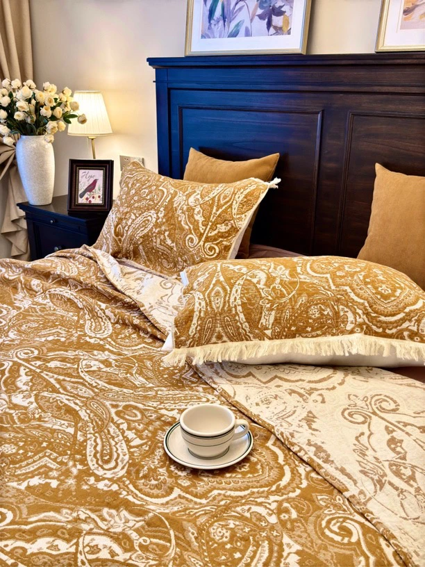 【繁花-黄】52*78cm 新款纯棉流苏纱布枕巾一对装