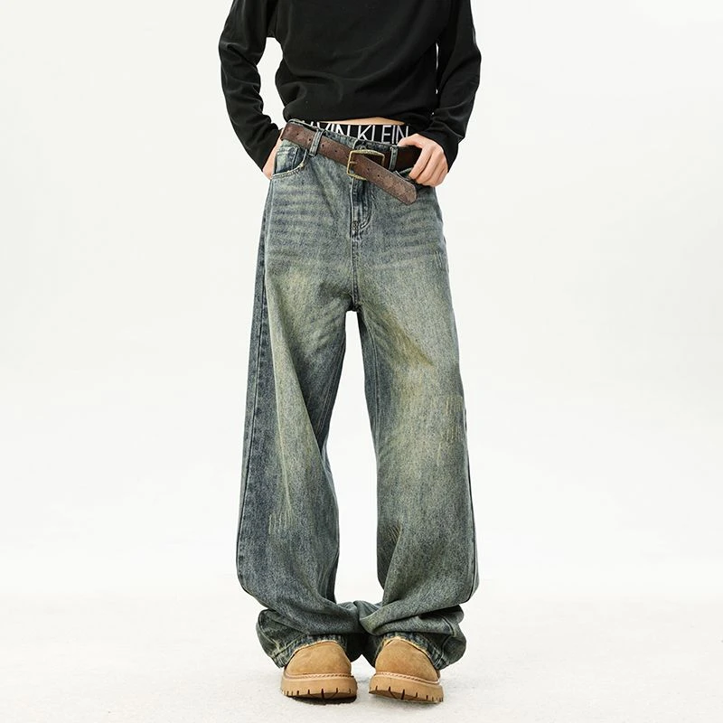 美式高街潮牌复古水洗牛仔裤男女百搭休闲宽松直筒裤情侣阔腿长裤