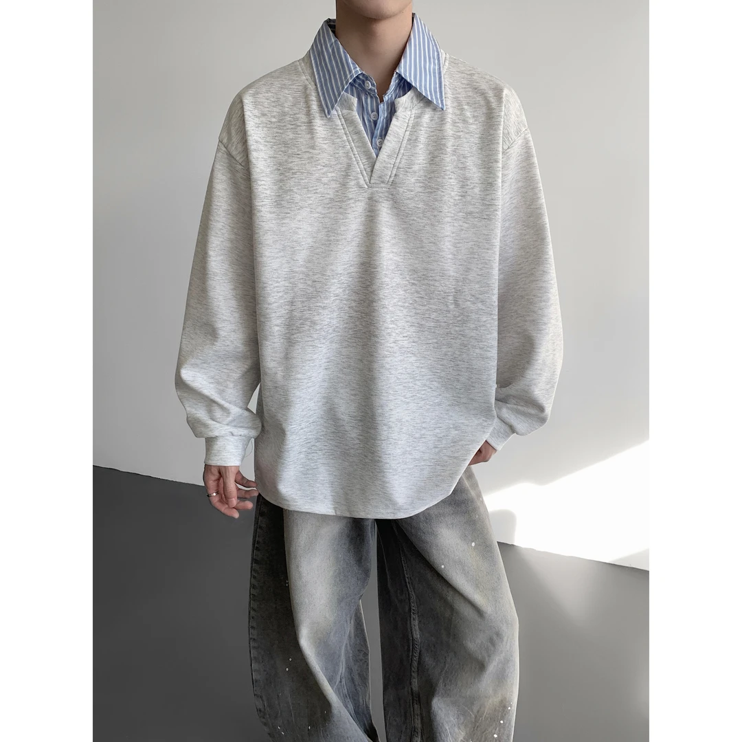 假两件衬衫领长袖卫衣男春秋日系复古潮牌套头衫宽松情侣上衣外套