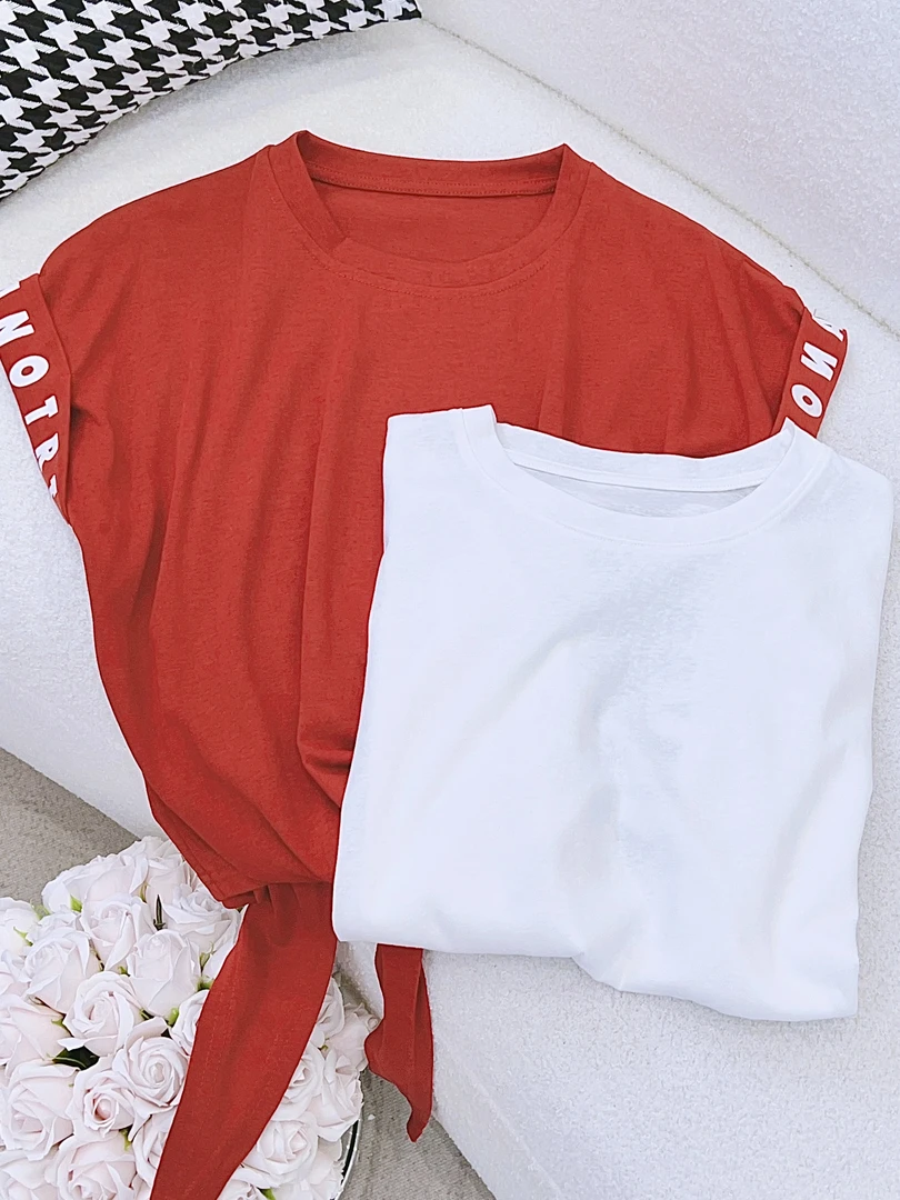 琳心丨夏季新款时尚百搭袖口字母印花系带蝴蝶短款T恤 HM967