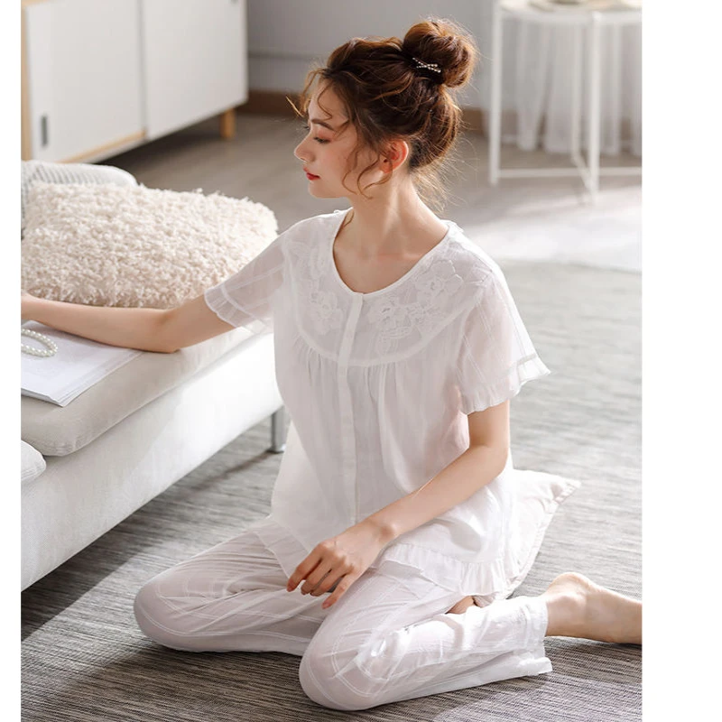 家乐芬梭织棉纱布睡衣女士夏季短袖长裤纯棉家居服女夏天薄款全棉