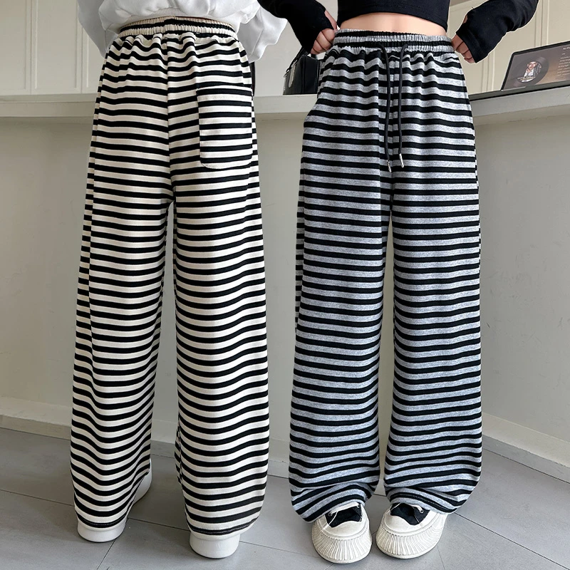 女童春季条纹阔腿裤2025新款中大童韩版宽松直筒裤洋气休闲长裤潮