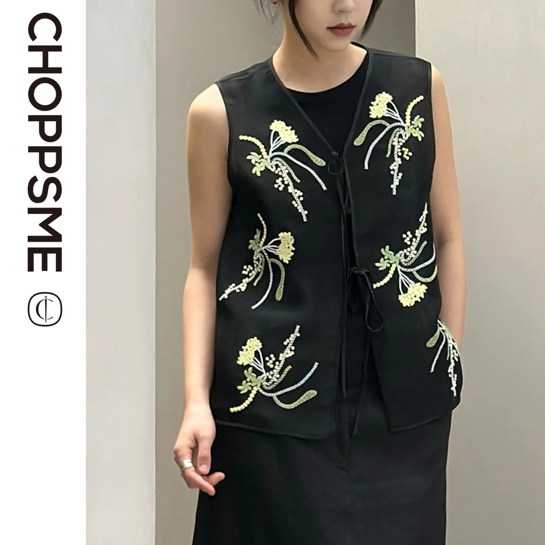 巧珀思｜17443双层真丝欧根纱轻薄新中式花卉刺绣绑带门襟V领马甲