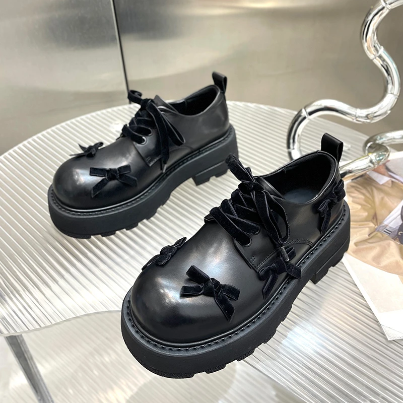 蝴蝶结小皮鞋女英伦风2025春季新款真皮厚底单鞋复古胎牛皮乐福鞋
