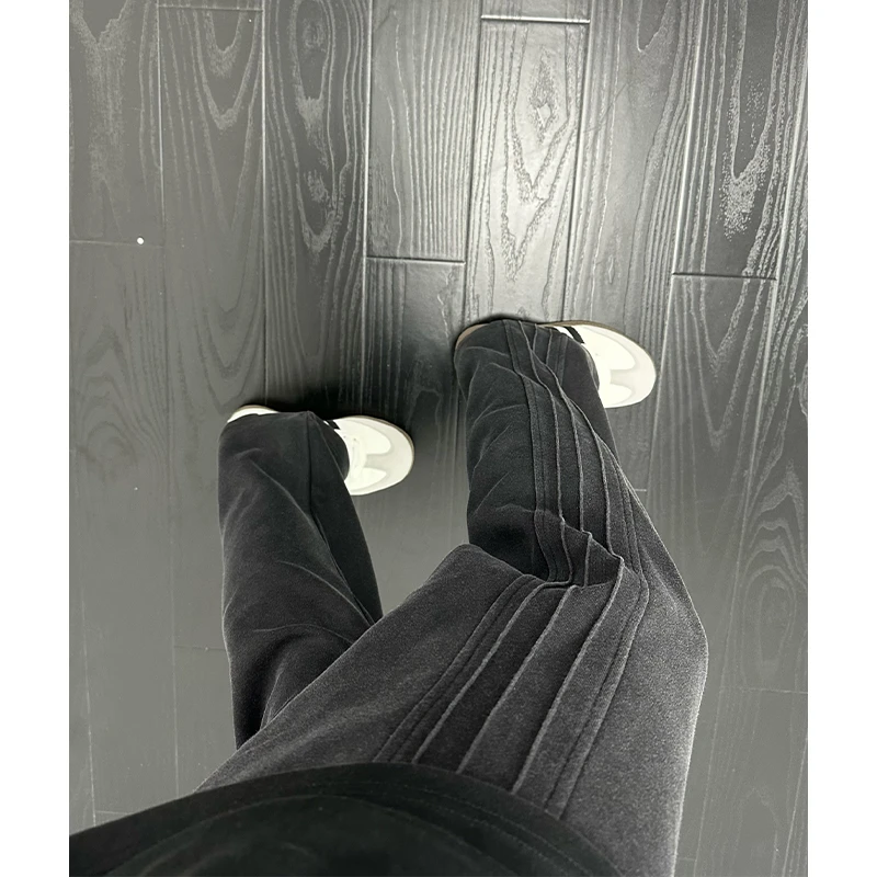 深灰色水洗裤子男款侧面条纹拼接卫裤cleanfit直筒宽松抽绳休闲裤