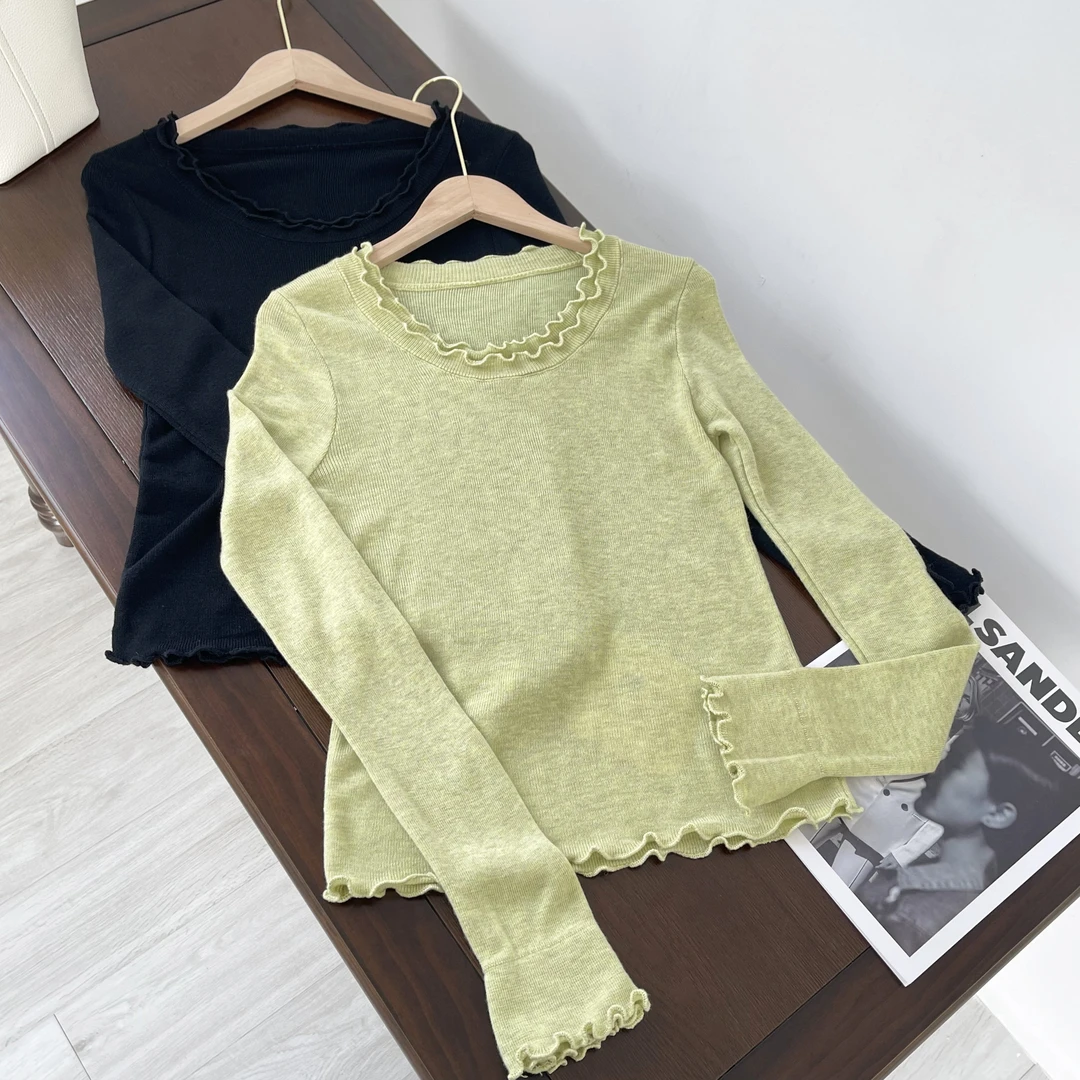 芊芊大码春季新款韩版木耳边设计感长袖针织圆领打底上衣【JQ09#】