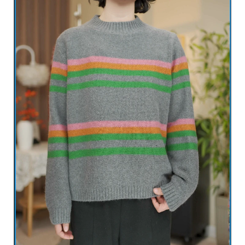 【琳姐】秋冬新款潮流时尚中领毛衣条纹百搭针织衫1110
