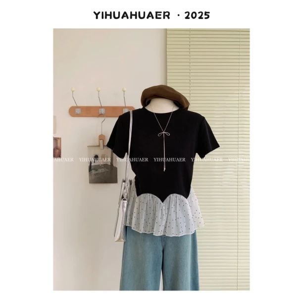 【波点之恋】 B东大门韩系2025夏款韩版拼接波点花边短袖T恤2728