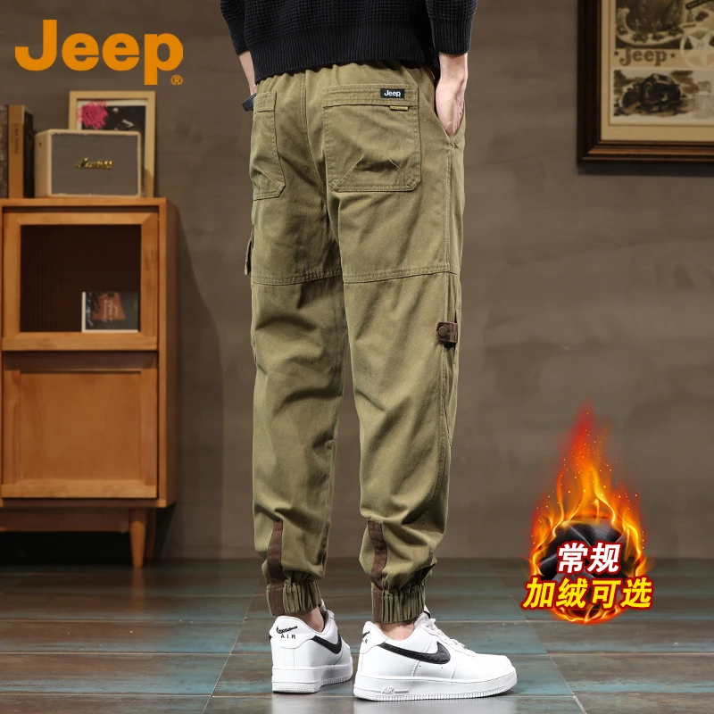JEEP吉普加绒纯棉工装裤男款2025年秋冬款宽松束脚裤男士休闲裤子