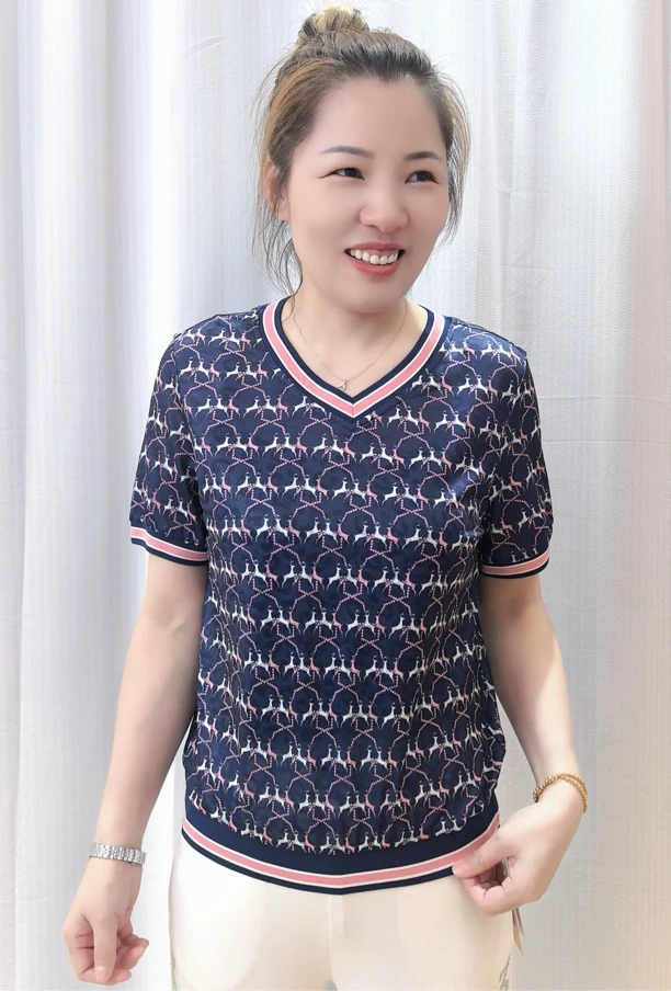 宽松型短袖v领透气印花常规T恤夏季时尚日奢风6610