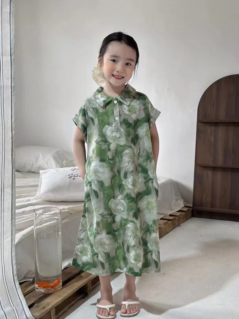 《衬衣长裙》女童印花长裙碎花连衣裙裙子夏季中长裙时尚凉快棉绸
