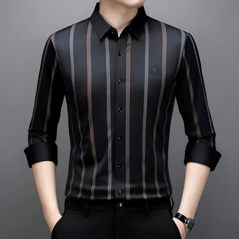 【专柜品质】春秋男士长袖无痕条纹衬衫 中年免烫商务休闲条纹衬衣