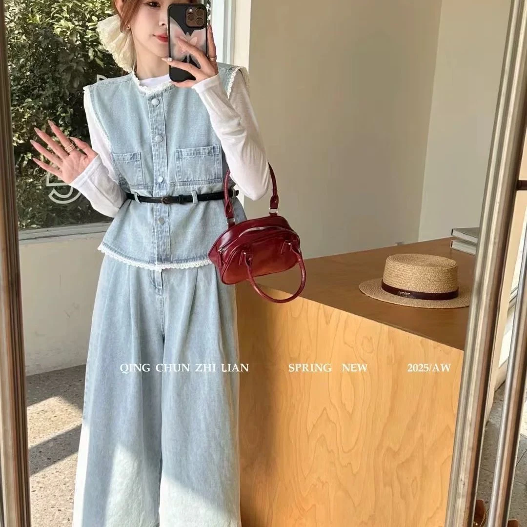 蕾丝花边马甲阔腿裤牛仔套装款6966新款超火三件套春装爆款高级感