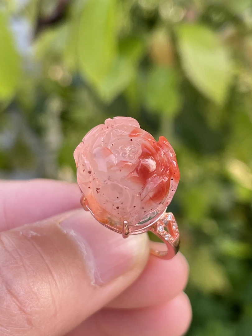 精品南红牡丹花戒指925银镶嵌特色满天星鸿运当头尺寸15.5x14.8mm