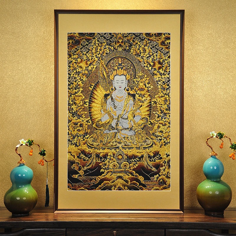 刺绣【虚空藏普萨】挂画实木装裱办公室玄关茶室书房背景墙装饰画
