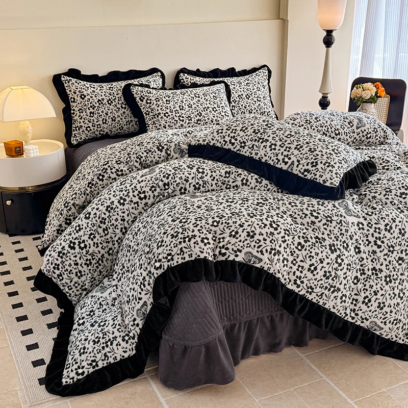 法式花边牛奶绒加厚床盖四件套冬季韩式高克重双面绒被套防滑被罩