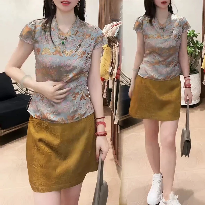 2025夏季新款蓝调彩蝶与彩花上衣靓丽显贵富婆既视感裙子时尚两件