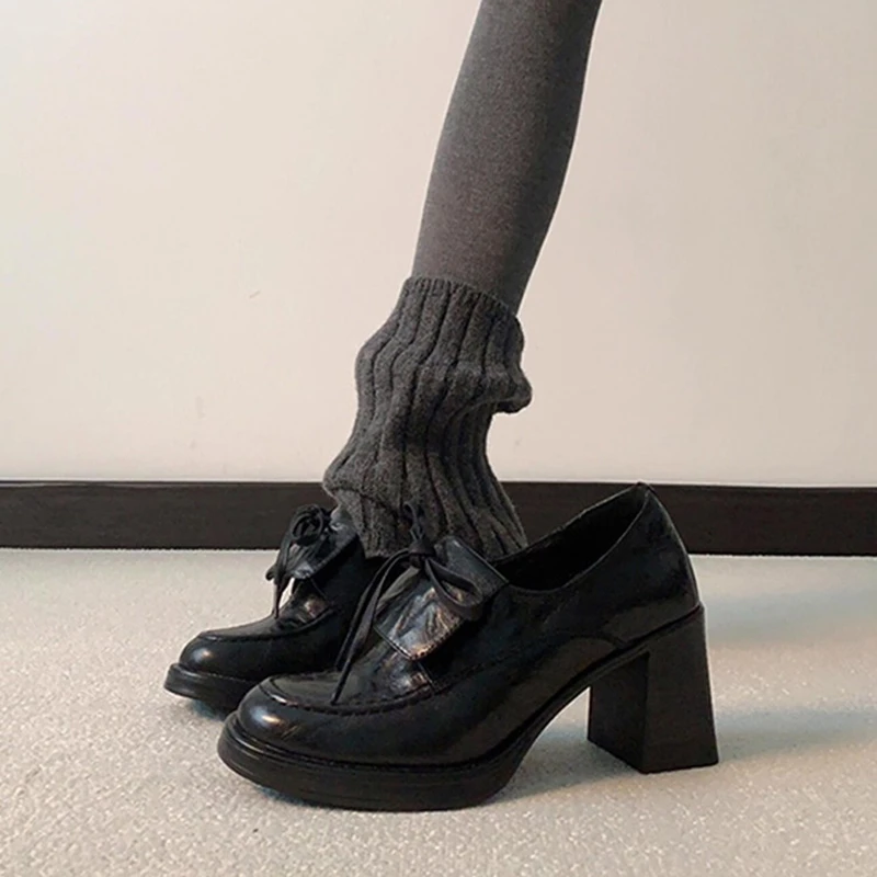 厚底增高单鞋2026春秋新款蝴蝶结一脚蹬乐福鞋女英伦百搭小皮鞋