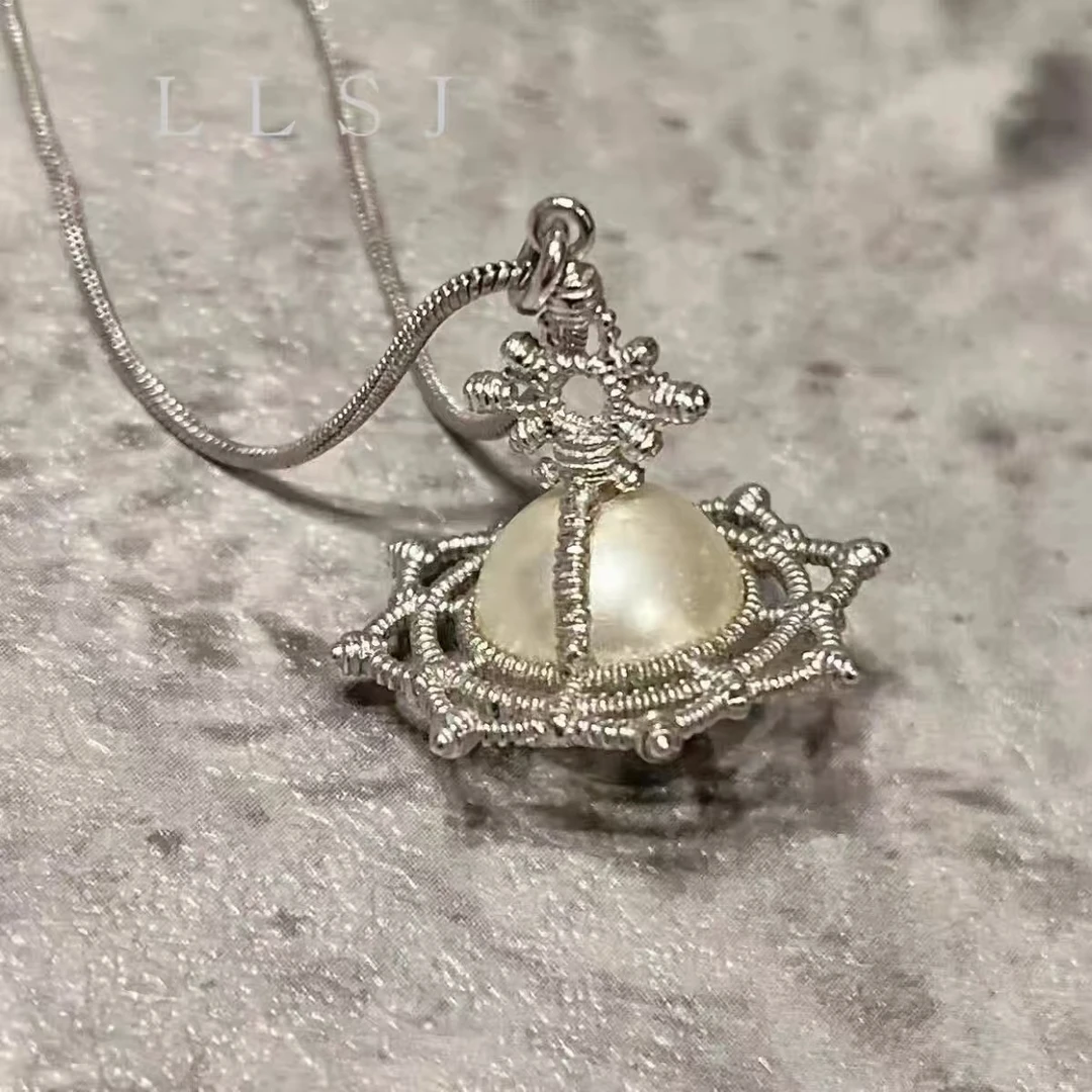 钛钢仿珍珠项链 太后新款土星珍珠项链八芒星立体星球时尚坠链