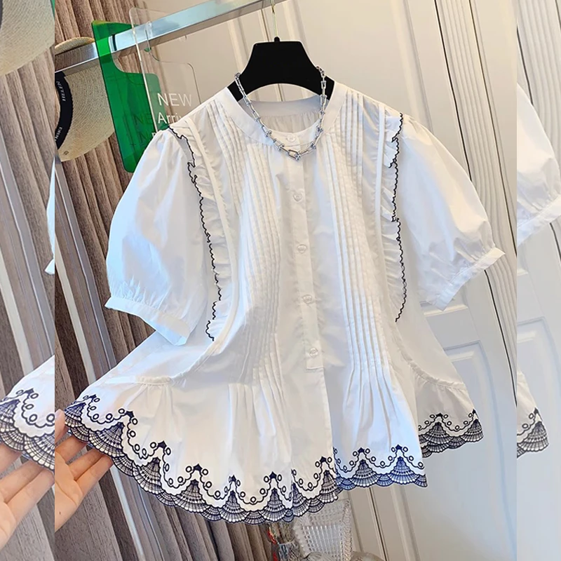 高级感别致绣花短款褶皱衬衫上衣女装夏季新款胖MM大码宽松衬衣潮