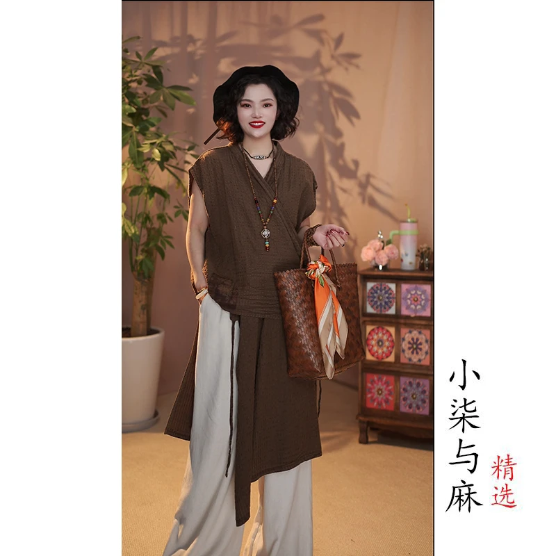 【小柒与麻】新款复古风亚麻系带长款马甲（衣长94胸围146）咖色