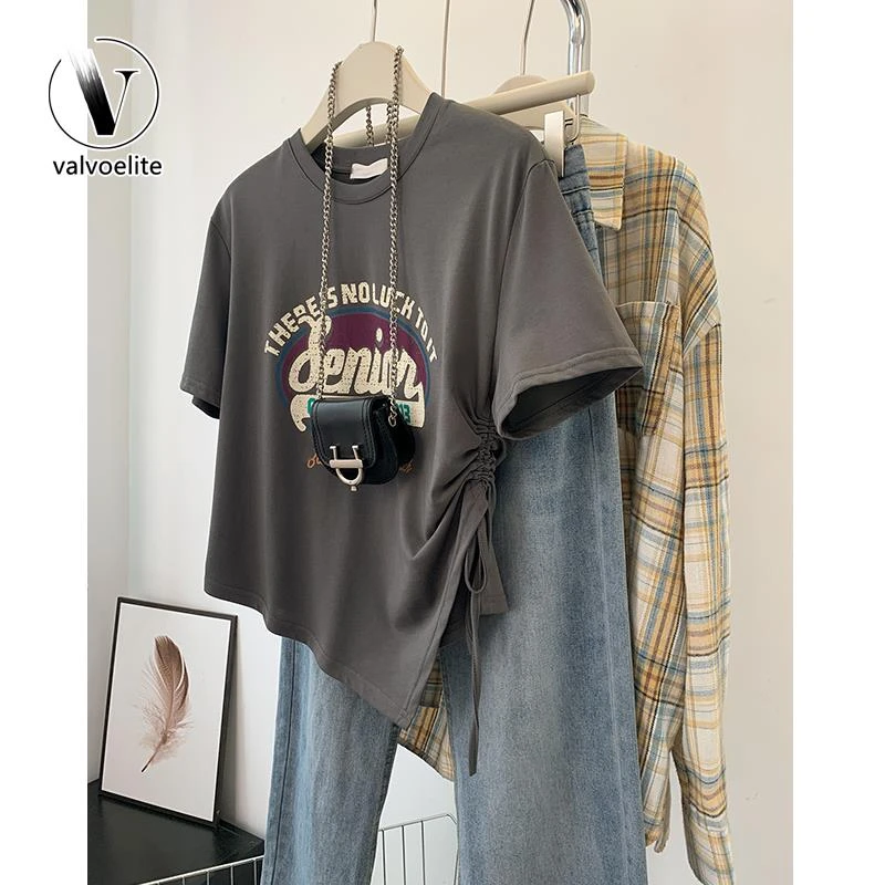 VALVOELITE不规则短款抽绳短袖体恤女夏新款美式正肩修身显瘦上衣