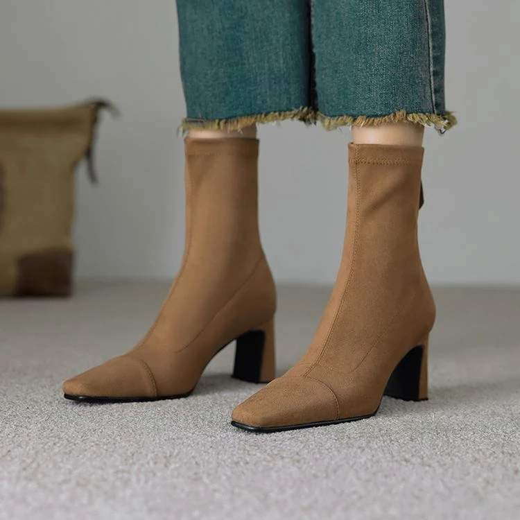 6.5cm~2025秋冬韩版高跟方头气质瘦瘦靴女复古粗跟短靴弹力袜靴女