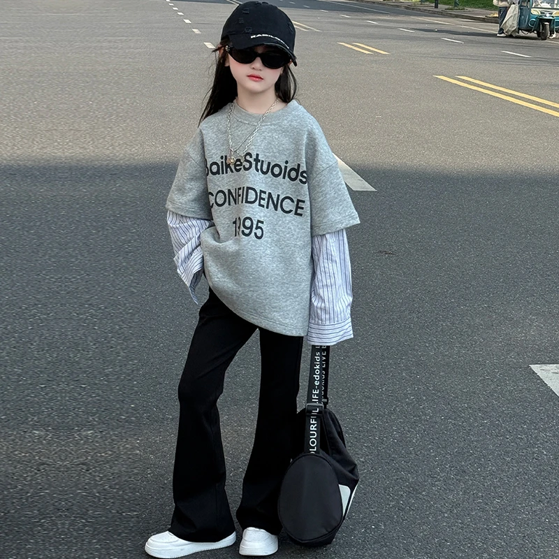 女童韩版卫衣春秋套装2025新款中大儿童6-12岁15岁春装弹力微喇裤