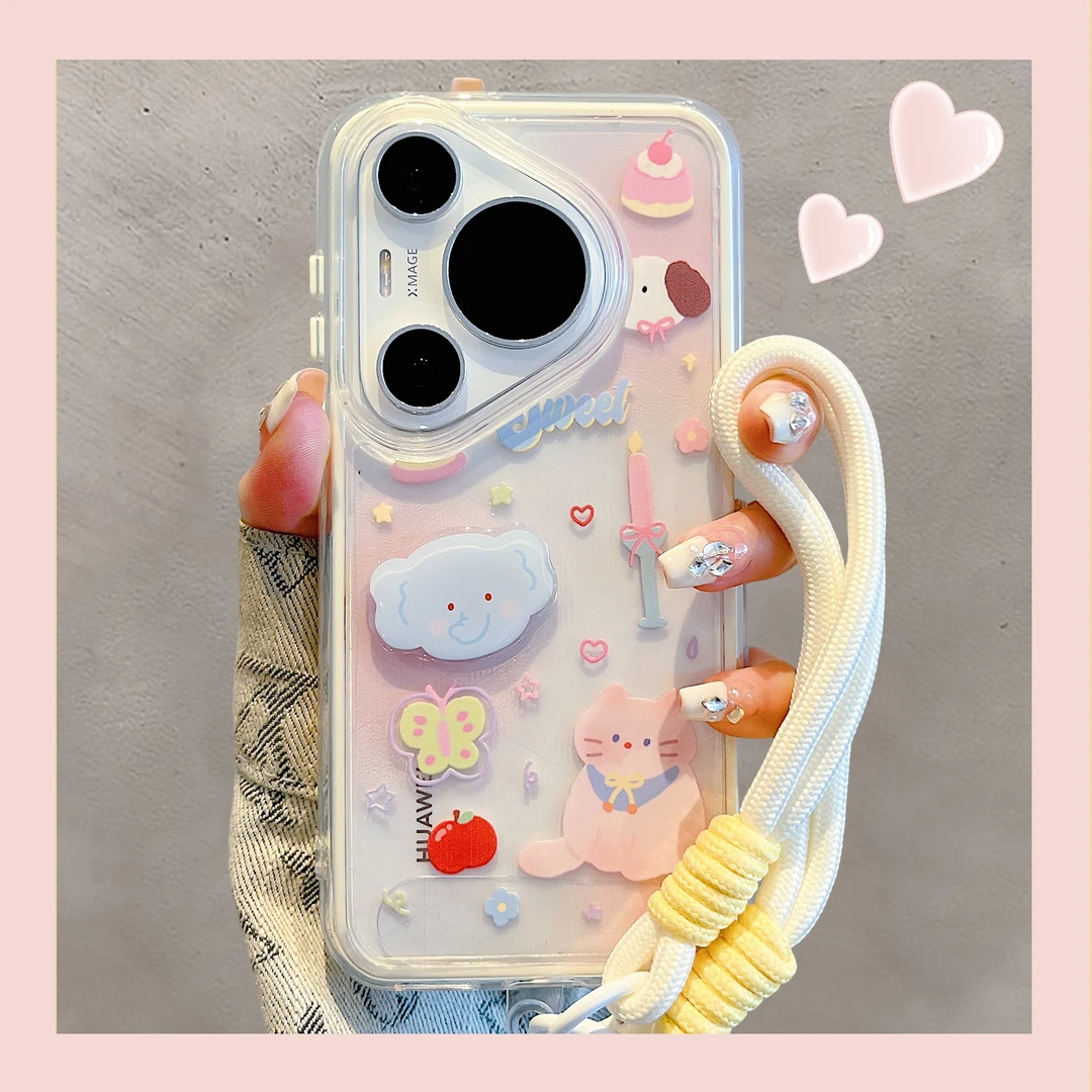 适用华为mate70pro+手机壳晕染粉立体卡通动物pura70pro+带手绳壳