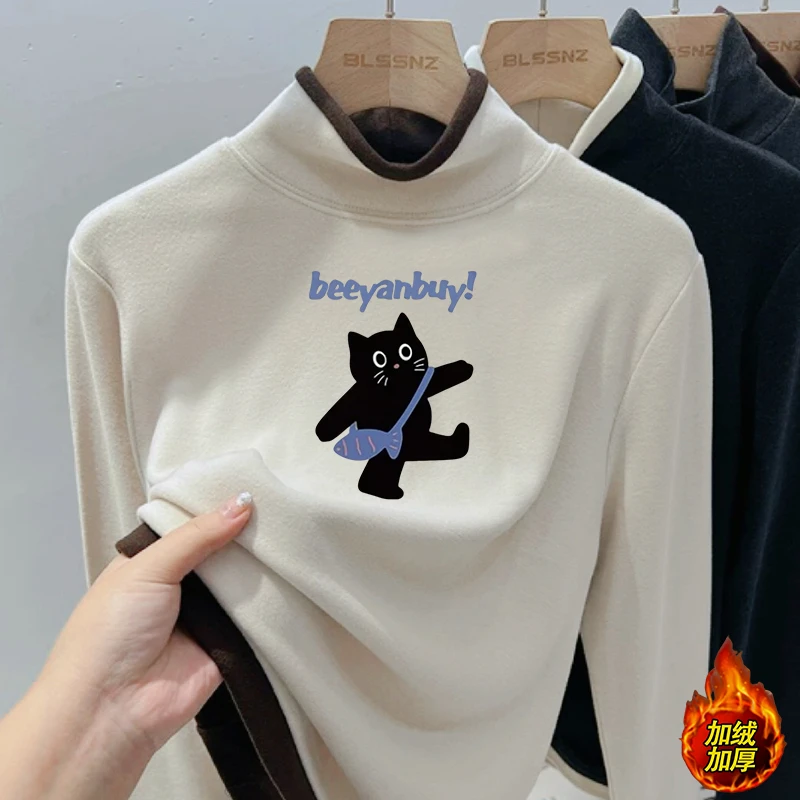 女童打底衫新款卫衣加绒加厚一体绒中大童卡通半高领保暖印花上衣