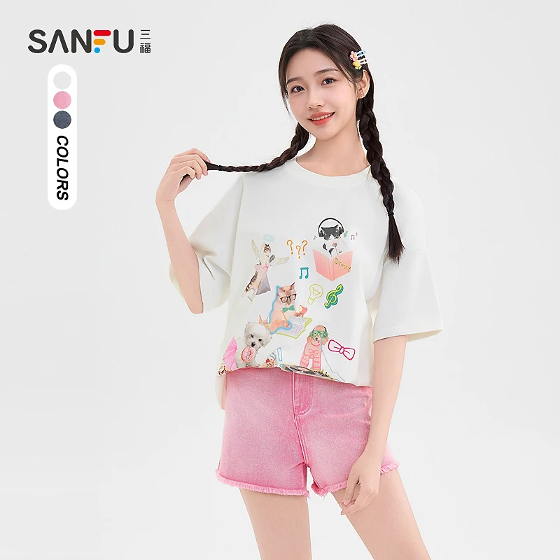 三福 短t恤2025夏季搞怪动物图案印花圆领宽松上衣短袖女装499722