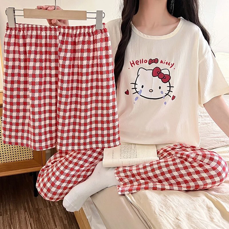 【三件套】夏天休闲云朵棉红格子kt猫睡衣女夏季大码宽松家居服套装