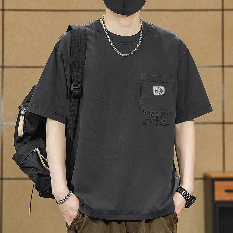 美式纯棉重磅石磨水洗口袋短袖t恤男士夏季新款体恤宽松上衣服男T