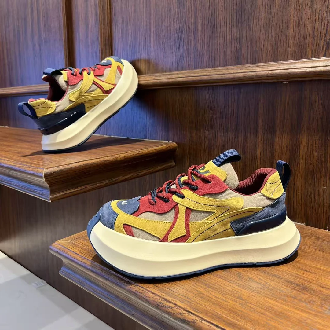 情侣款2025秋季新款皮面拼色增高男款老爹鞋轻奢潮流百搭休闲鞋男