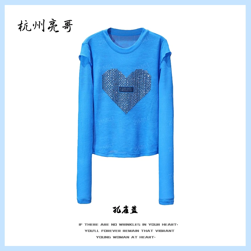 【亮哥女装】2025欧版新品蓝色心形烫钻透气高弹网纱上衣8182-A7